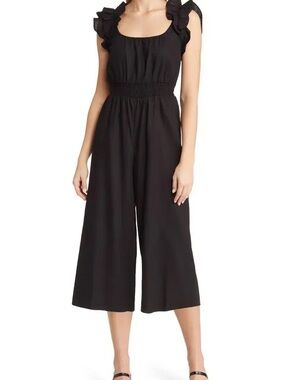 Vince Camuto Black Ruffle-Shoulder Wide-Leg Jumpsuit